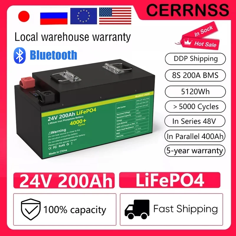 LiFePO4 24V 100AH 200AH 300AH Akku 29,2V Lithium-Solarbatterie Grand A Zellen Eingebautes BMS 5000+ Zyklus für Boot EU-LAGER Image