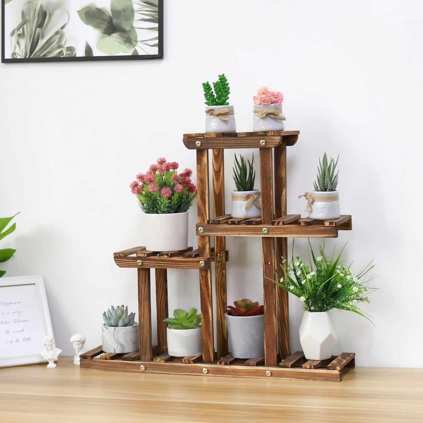 Verkohltes Holz Anlage Stehen Multi Tier Sukkulenten Rack Mini Desktop Anlage Halter für Balkon Im Freien Garten