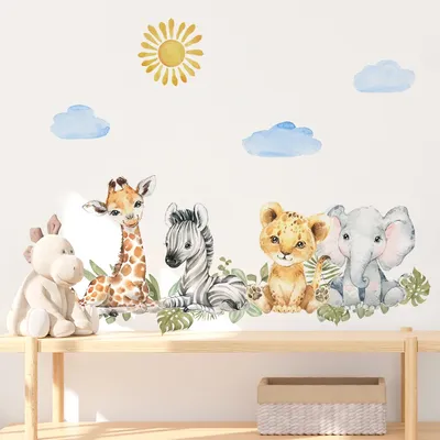Cartoon Afrika Tiere Grünland Aquarell Sonne Wolke Wanda uf kleber für Kinderzimmer Kinderzimmer Elefant Giraffe Aufkleber Raum dekor Image
