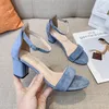 2023 High Heel Sandalen Damenschuhe Damen Sommer Damen Leder Samt Open Toe dicke Ferse Schnalle Tasche Ferse Größe 34-42 Schuhe