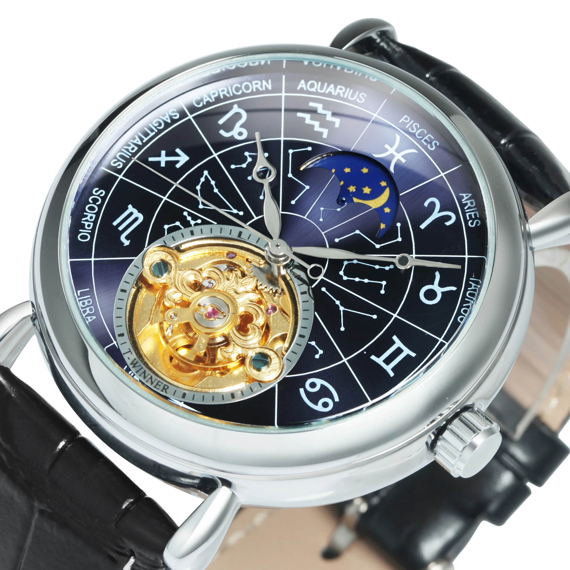 Gewinner Sternzeichen Sternbilder astronomische Automatik uhr für Männer Echt ledergürtel Luxusmarke Skelett mechanische Uhren Image