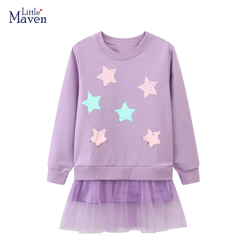 Kleine Maven Kleid Mädchen lange Ärmel Cartoon lila Pailletten Sterne Mesh Kleid Baumwolle Frühling Freizeit kleidung für Kinder Herbst Image