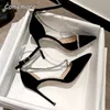 Comemore Damen 2023 dünne Ferse hohle spitze Schuhe Sexy Sandalen Strass hochhackige elegante Stilito schwarze High Heels 7 cm 34