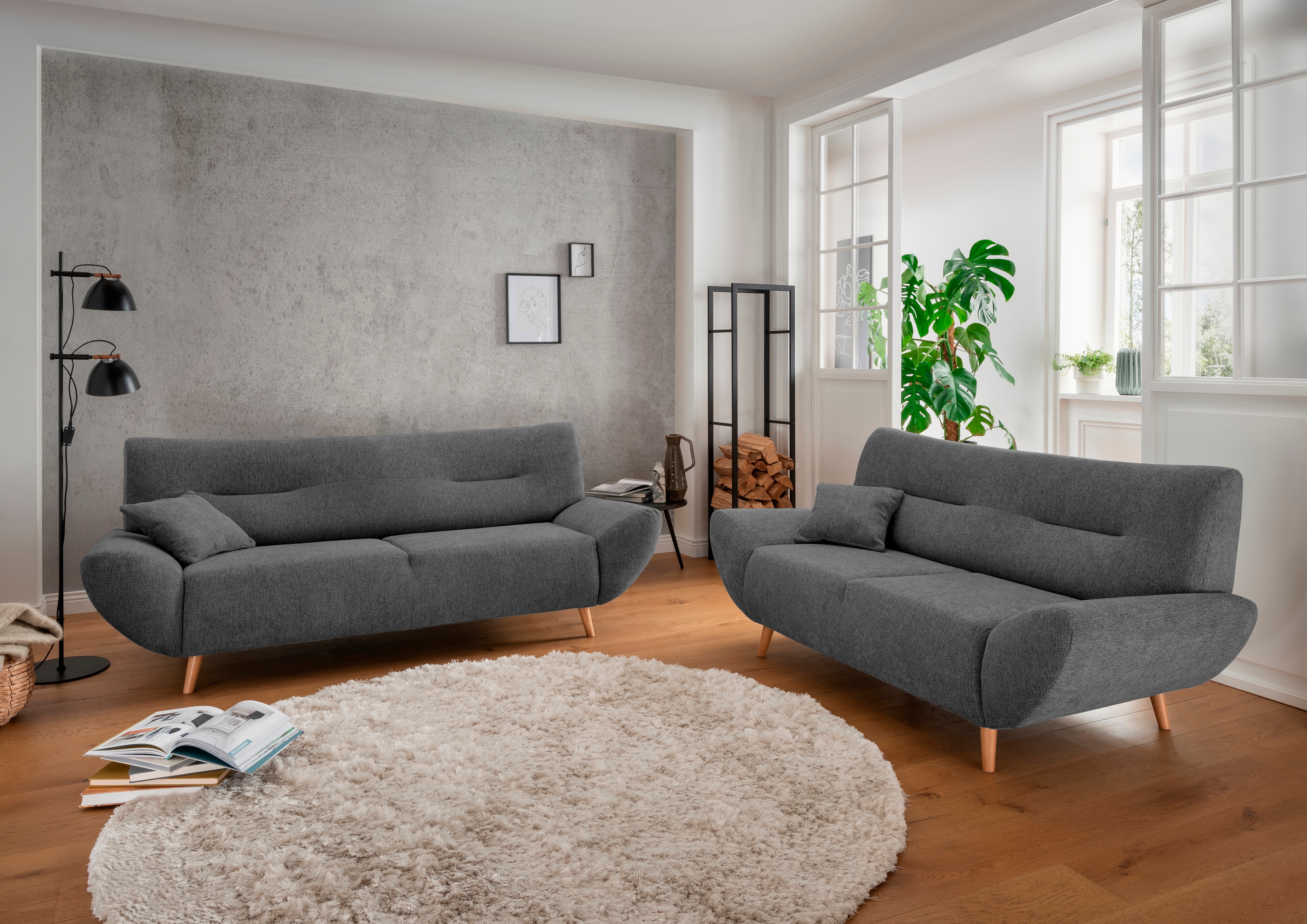 Polstergarnitur INOSIGN "Drago, modern und zeitlos, aktuelle Formensprache, komfortabel", grau (anthrazit,), H:81cm T:90cm, 100% Polyester, Sitzmöbel-Sets, als Sessel/Polsterecke erhältlich, versch. Stoffe, inkl. 2 Zierkissen