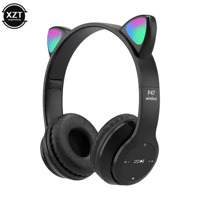 P47 Drahtlose Kopfhörer Nette Katze Ohren Mit Mic Control LED Kid Mädchen Stereo Musik Helm Telefon Bluetooth Kompatibel Headset Image