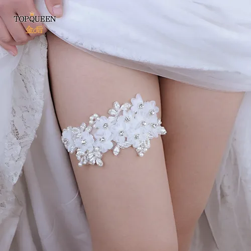 TOPQUEEN S355 Hochzeit Elastische Strumpfband Weiß Blume Perle Sexy Strumpfbänder