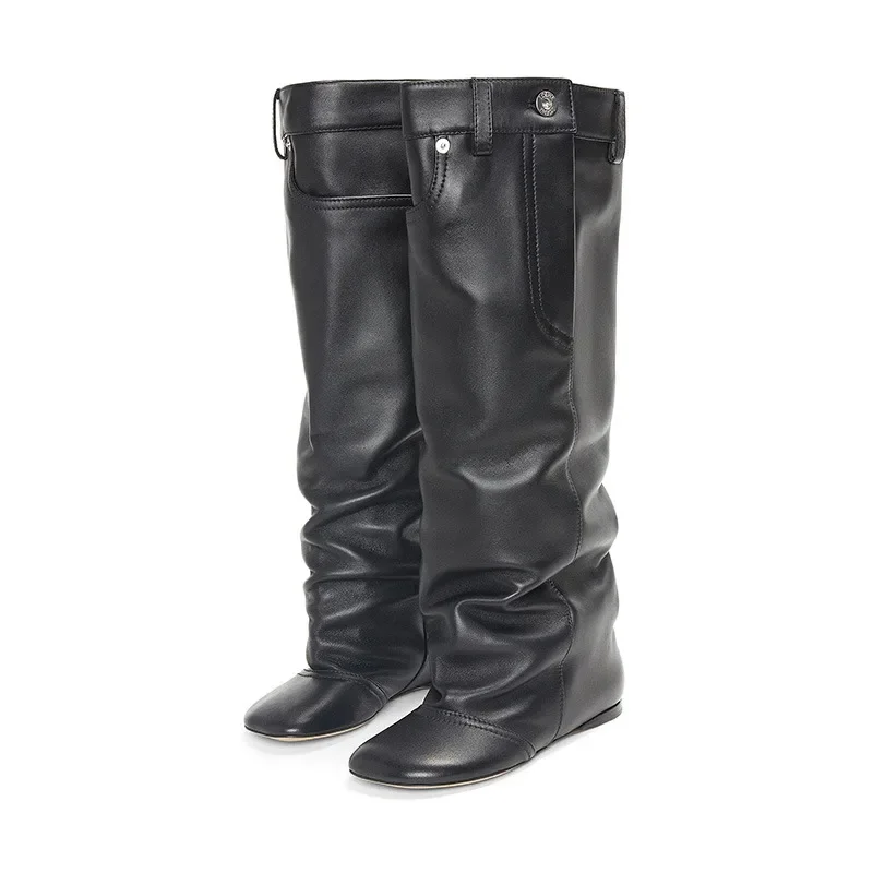 Schwarzer Gürtel Design plissiert faul kniehohe Stiefel neue Damen europäischen und amerikanischen Stil High Heels Mode Stiefel Größe 34-43 Image