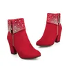 Stiefeletten für Damen, rote Kristallstiefel, Damen-Winterschuhe mit hohem Absatz, Damen-Reißverschluss-Stiefel, Größe 34–43