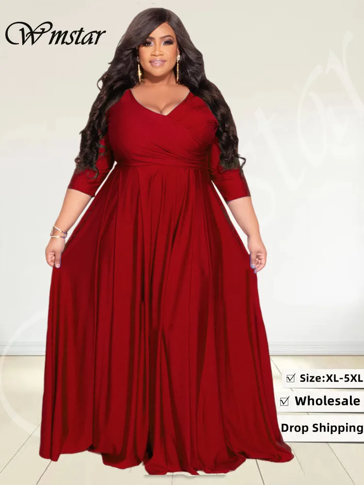 Wmstar Plus Größe Party Kleider für Frauen Herbst Kleidung V-ausschnitt Bandage Big Hem Elegante Party Maxi Kleid Großhandel Dropshipping