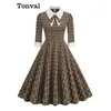 Tonval Brown Plaid Rockabilly Vintage Midi Kleider Umlegekragen Schleife 3/4 Ärmel Herbst Winter Damen Elegantes Kleid
