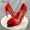 Tikicup Frauen Sexy Patchwork Rot Mesh Gaze Spitze Zehen High Heel Party Schuhe Elegante Blume