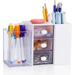 2Pcs Desk Pen Storage Organizers Desktop Pencil Holders with 3 Drawers White Stationery Supplies Accessories with Clear Acrylic Pen Cup for Office School Home Decorate Makeup