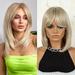 Ombre Blonde Wigs with Bangs Shoulder Length Straight Bob Wig for Women Natural Looking 12 Inches Synthetic Blonde Wig for Party and Daily Wear