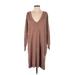 STITCHDROP Casual Dress - Sweater Dress V Neck 3/4 sleeves: Tan Solid Dresses - New - Women's Size Small