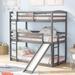 Bedroom Wood BunkBed Frame, Twin Size Triple Floor Bunk Bed with Adjustable Slide & Ladder for 3 Kids Adults, No Box Spring Need