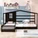 Twin Size L Structure House Bed, 2 Twin Solid Bed with Fence and Slatted Frame, Wood 2 Beds in 1 for Kids Teens Aldults