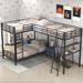 Metal Triple Bunk Bed with Desk and Shelf, L-Shaped Bunk Bed for 3 Kids Teens Adults, Twin Over Twin Bunk Bed, Brown