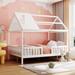 Full Size Wood House Bed with Fence-Shaped Guardrails, Roof and Chimney for Kids Teens, Space-Saving, White