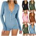 qolati Women Pajama Rompers Ribbed Knit Long Sleeve Button Down Lounge Bodysuits Henleys V Neck Jumpsuits Onesie