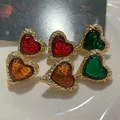 Medieval Vintage Glass Green Stone Clip Earrings Retro Style French Crystal Big Red Heart Clip on