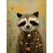 Gleeful Raccoon Picking Flowers Oil Painting Red White Blooms Spring Meadow Landscape Kids Bedroom Large Wall Art Poster Print Thick Paper 18X24 Inch