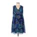 Nine West Casual Dress - A-Line V Neck Sleeveless: Blue Floral Dresses - Women's Size 12