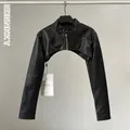 Vintage Black Leather Jacket Women Cropped Zipper Zip Up Coat Biker Women Girls Smock Top Female