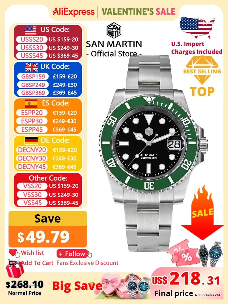 San Martin Neue 40mm Wasser Geist Taucher Uhr Männer Luxus NH35 PT5000 Automatische Mechanische Uhr Saphir Wasserdicht 200m SN0017 Image