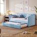 Twin Size Velvet Upholstered Daybed Sofa Bed with Trundle Bed and Upholstered Headboard, Wood Slat Frame