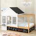 Twin Size House Bed for Kids, Shaped Canopy with Roof & Window, Platform Tent Cabin Playhouse Blackboard & Little Shelf