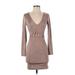 Forever 21 Casual Dress - Bodycon V Neck Long sleeves: Tan Print Dresses - Women's Size Small