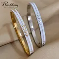 Flashbuy-Bracelet en Acier Inoxydable pour Femme Bijou en Émail Blanc Feuilles Dorées Breloque