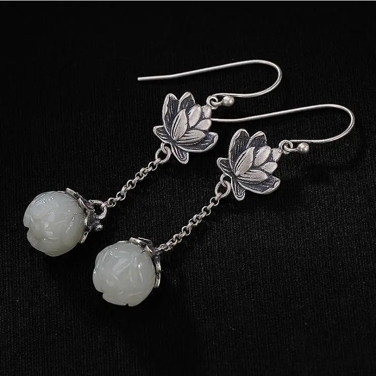 Original natürliche Hetian weiße jade lotus lange ohrringe Chinesischen retro licht luxus charme frauen marke silber schmuck