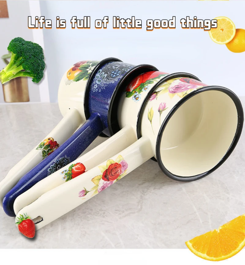 Emaillierte kleine Milch pfanne Pfanne langer Griff Wasser pfanne Retro Wasser pfanne Gasherd Induktion skochfeld Universal Image