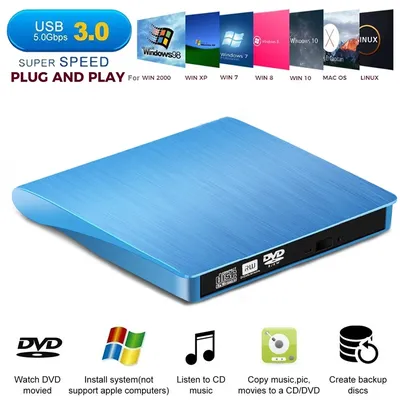 USB 3.0 Slim External Optical Drive DVD Combo DVD ROM Player DVD-RW Burner Writer Plug and Play For Macbook Laptop Desktop PC