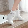 High Heels Damen Stiefeletten Schnürung Herbst Winter Plattform Damen Stiefel Große Größe Mode Schuhe Weiß Schwarz Braun 659