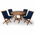 All Things Cedar 5-Piece 4-ft Teak Round Folding Table Set with Blue Cushions
