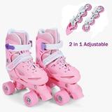 Otufan 2 in 1 Roller Skates Adjustable Kids Roller Skates Child s Inline Skates and Classial Quad for Beginner Boys and Girls Aged 3 to 10 Years Pinkï¼Œ XS