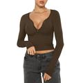 WREESH Womens Fashion Slim Crop Tops Compression Shirts V Neck Solid Color Pullover Long Sleeve Tops Slim Show Thin Breast American Standing Neck Top/Shirt Coffee
