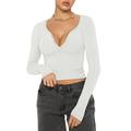 WREESH Womens Fashion Slim Crop Tops Compression Shirts V Neck Solid Color Pullover Long Sleeve Tops Slim Show Thin Breast American Standing Neck Top/Shirt White