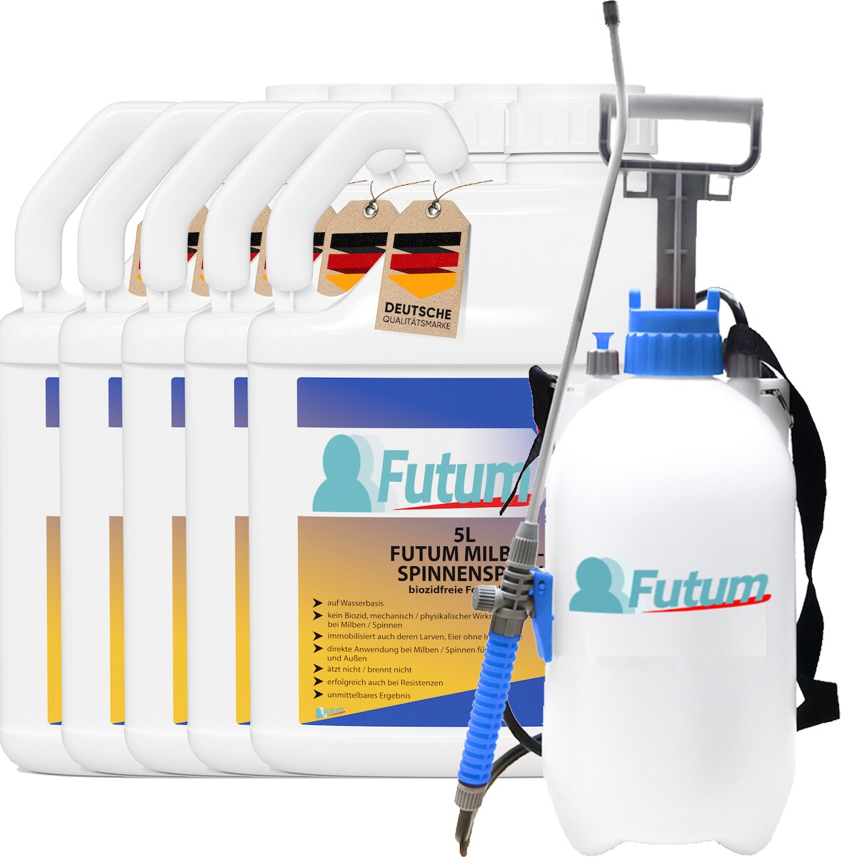FUTUM 5x5L Milbenspray / Spinnenspray bekämpft Insekten, Eier, Larven ohne Biozide auf Wasserbasis, Sofortwirkung ohne Flecken + 5L Sprüher Image