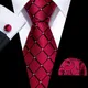 Fashion Red Plaid Men Tie Set 8.5cm Silk Jacquard Neckties Wedding Business Handkerchief Cufflink