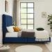 Blue Flannelette Upholstery Platform Bed Frame Line Stripe Headboard Wingback Bed Wood Slat Support Metal Support Feet - Full