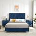 Full Blue Flannelette Platform Bed Frame Line Stripe Wingback Bed Wood Slat Support Metal Support Feet with 2 Nightstand