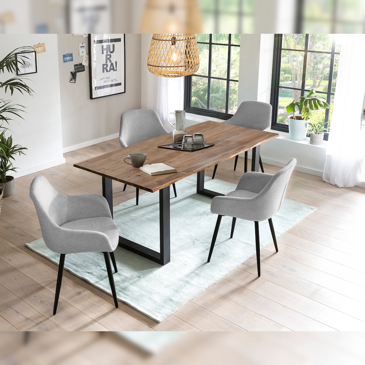 SalesFever Esstischgruppe 5-tlg., 160x90 cm|Platte Akazie 26 mm nussbaum, Metallgestell schwarz, 4 Armlehnstühle Strukturstoff, hellgrau–schwarz Image