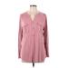 Style&Co Long Sleeve Henley Shirt: Pink Tops - Women's Size Large
