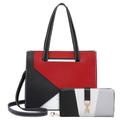 Miss Lulu Handbags for Women Tri Colour with Long Purse, Shoulder Bags with Wallet 2Pcs, Top Handle Bag PU Leather, Can Switch Color Block Match (Bag Red+Purse Black)