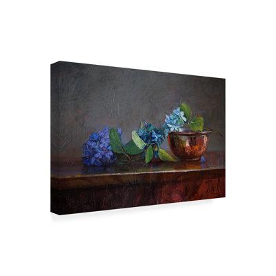 Winston Porter Copper Bowl w/ Blue Hydrangea On Canvas by Svetlana Orinko Print Canvas in White | 30 H x 47 W x 2 D in | Wayfair