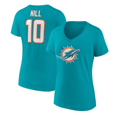 Damen Tyreek Hill Aqua Miami Dolphins Spielersymbol Name und Nummer V-Ausschnitt T-Shirt Image