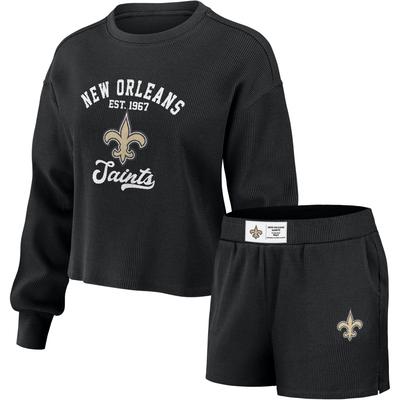 Damenbekleidung von Erin Andrews Schwarzes Lounge-Set mit langärmligem T-Shirt und Shorts aus Waffelstrick der New Orleans Saints Image